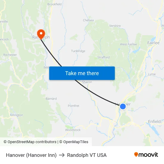 Hanover (Hanover Inn) to Randolph VT USA map