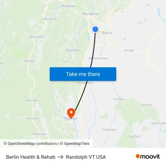 Berlin Health & Rehab to Randolph VT USA map