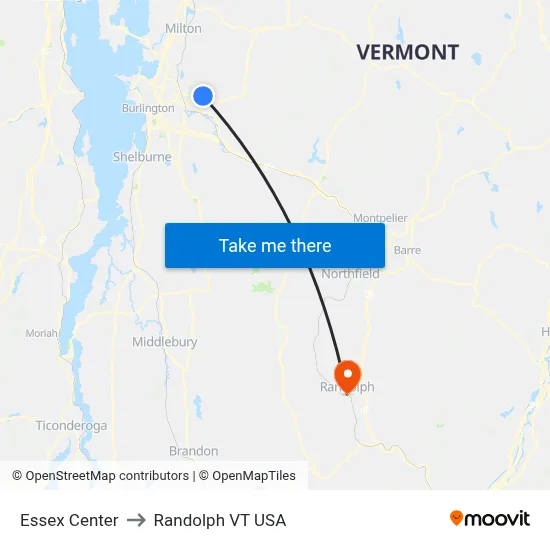 Essex Center to Randolph VT USA map