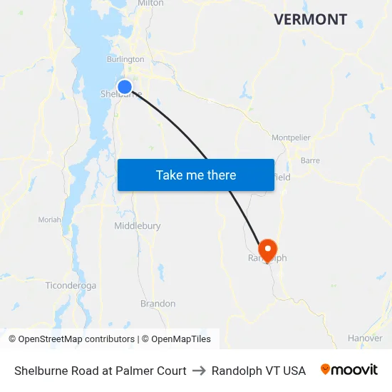 Shelburne Road at Palmer Court to Randolph VT USA map