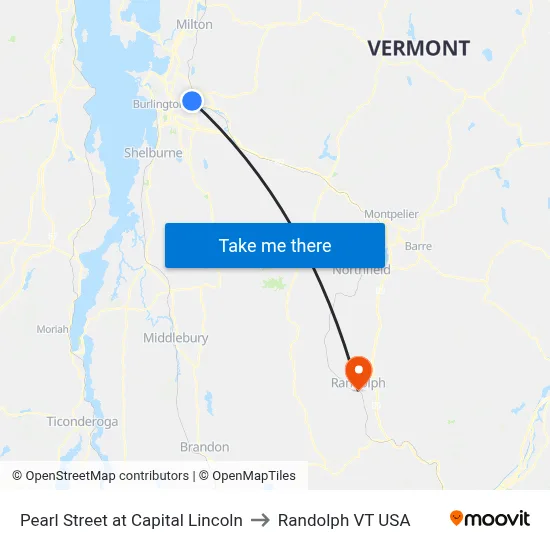 Pearl Street at Capital Lincoln to Randolph VT USA map