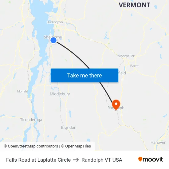 Falls Road at Laplatte Circle to Randolph VT USA map