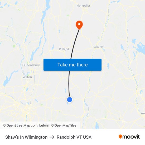 Shaw's In Wilmington to Randolph VT USA map