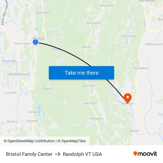 Bristol Family Center to Randolph VT USA map