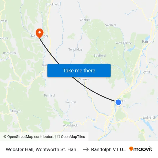 Webster Hall, Wentworth St. Hanover to Randolph VT USA map