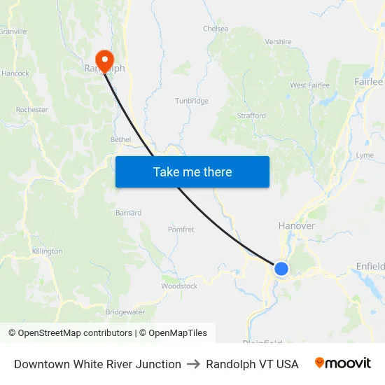 Downtown White River Junction to Randolph VT USA map