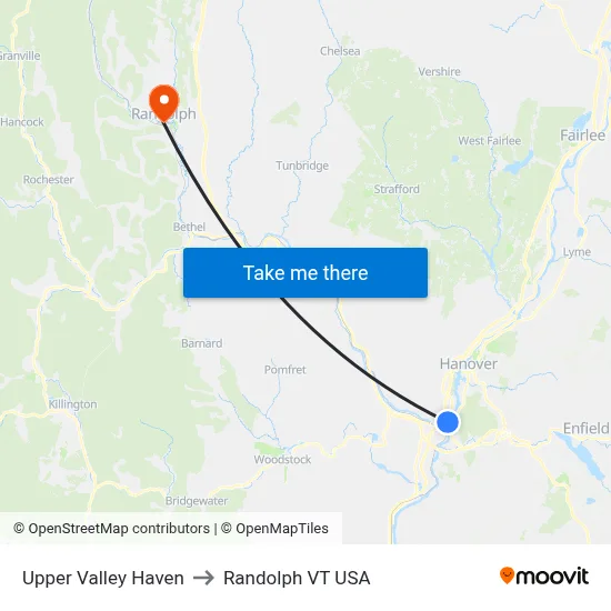 Upper Valley Haven to Randolph VT USA map