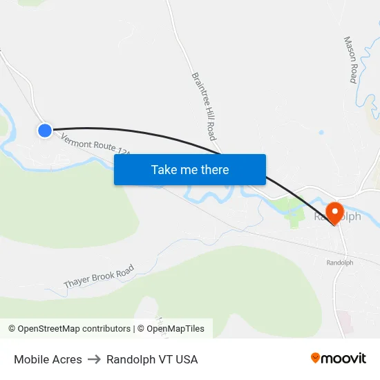 Mobile Acres to Randolph VT USA map