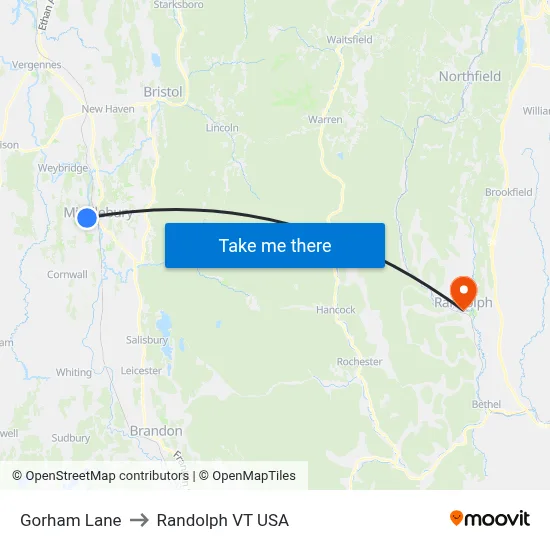 Gorham Lane to Randolph VT USA map