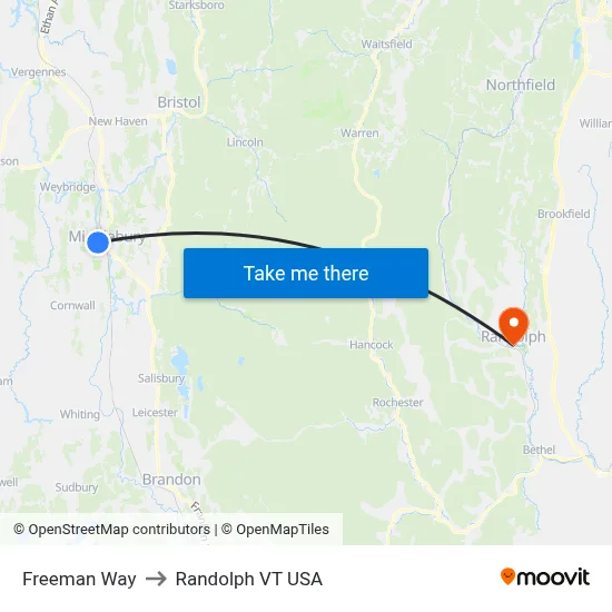 Freeman Way to Randolph VT USA map