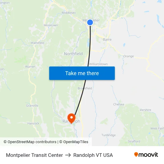 Montpelier Transit Center to Randolph VT USA map