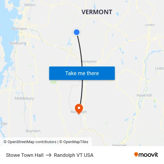 Stowe Town Hall to Randolph VT USA map