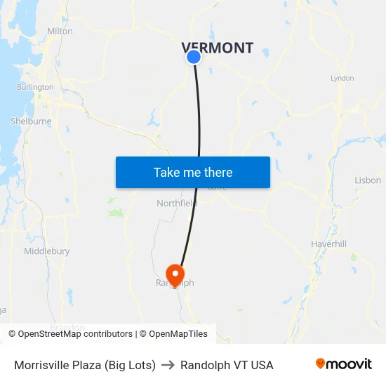 Morrisville Plaza (Big Lots) to Randolph VT USA map