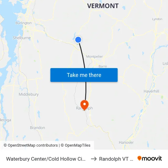 Waterbury Center/Cold Hollow Cider Mill to Randolph VT USA map