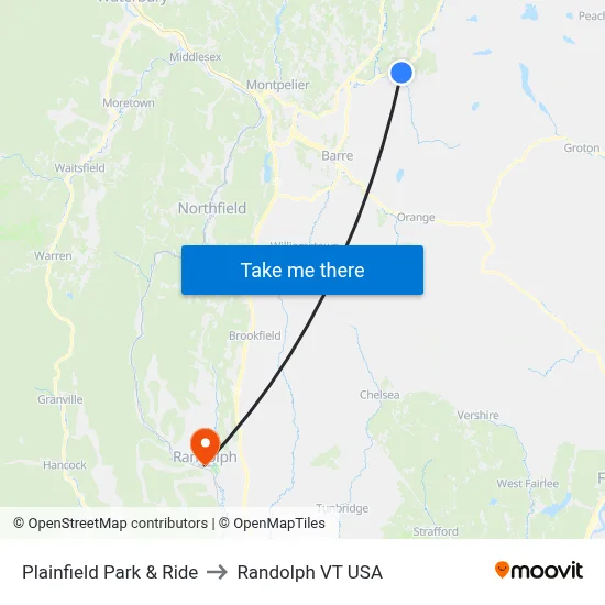 Plainfield Park & Ride to Randolph VT USA map
