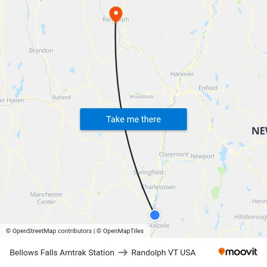 Bellows Falls Amtrak Station to Randolph VT USA map