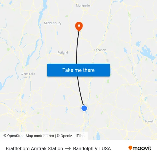 Brattleboro Amtrak Station to Randolph VT USA map