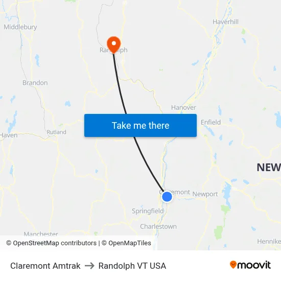 Claremont Amtrak to Randolph VT USA map