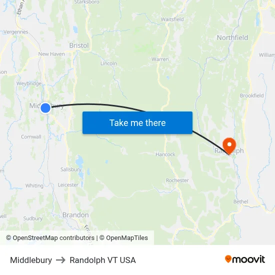 Middlebury to Randolph VT USA map