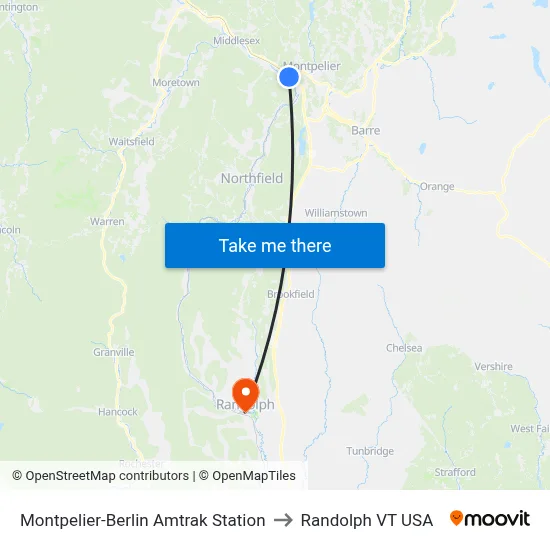 Montpelier-Berlin Amtrak Station to Randolph VT USA map