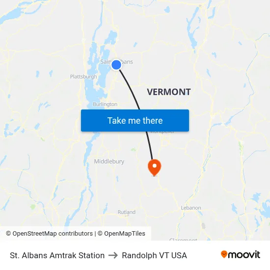 St. Albans Amtrak Station to Randolph VT USA map