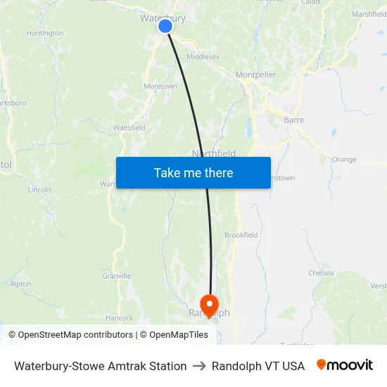 Waterbury-Stowe Amtrak Station to Randolph VT USA map