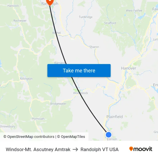 Windsor-Mt. Ascutney Amtrak to Randolph VT USA map