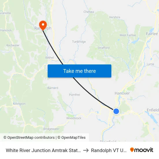 White River Junction Amtrak Station to Randolph VT USA map