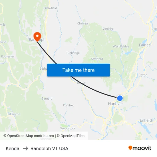 Kendal to Randolph VT USA map