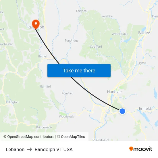 Lebanon to Randolph VT USA map