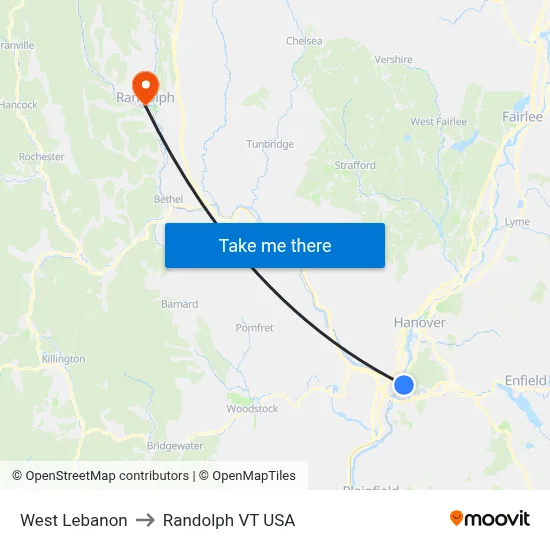 West Lebanon to Randolph VT USA map