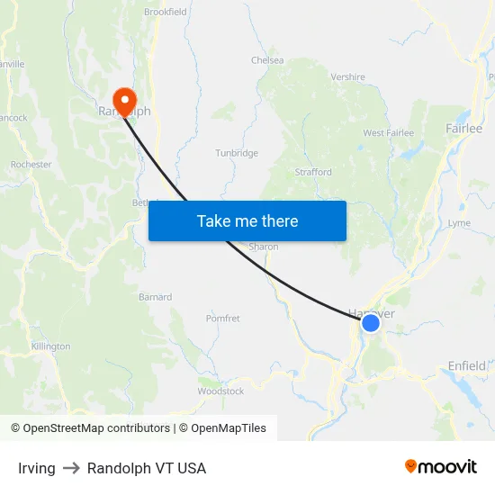 Irving to Randolph VT USA map