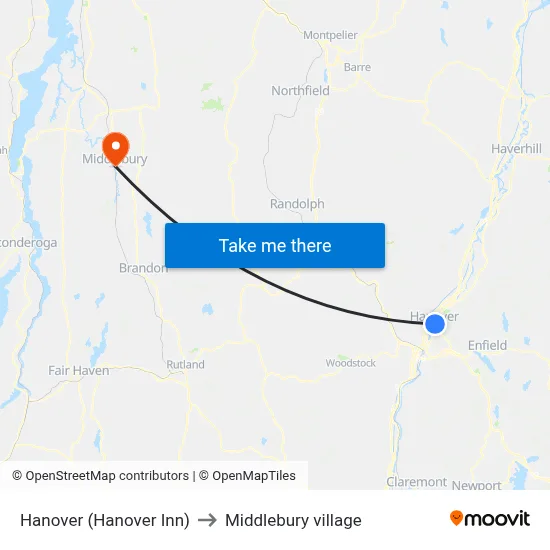 Hanover (Hanover Inn) to Middlebury village map