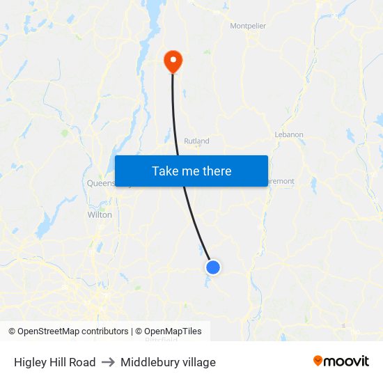 Higley Hill Road to Middlebury village map