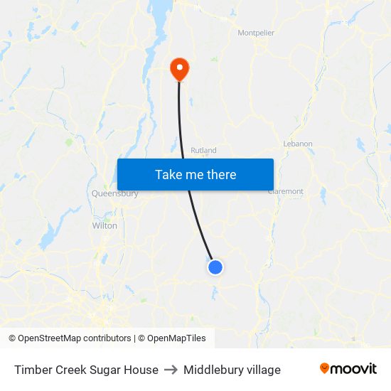 Timber Creek Sugar House to Middlebury village map