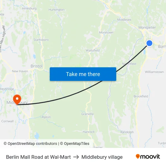 Berlin Mall Road at Wal-Mart to Middlebury village map