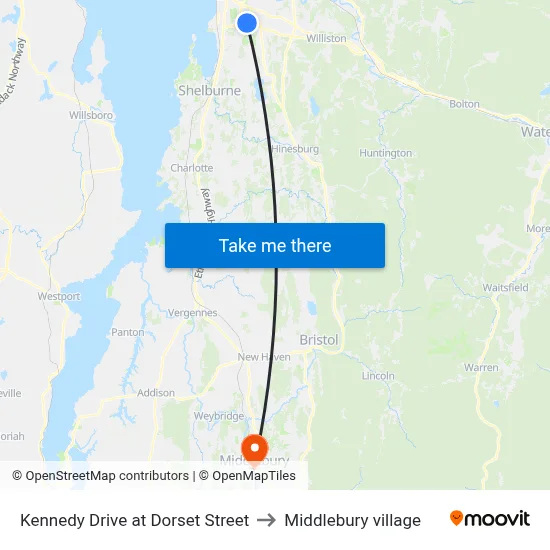Kennedy Drive at Dorset Street to Middlebury village map