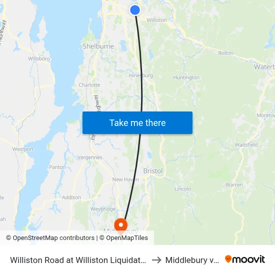 Williston Road at Williston Liquidation Center to Middlebury village map