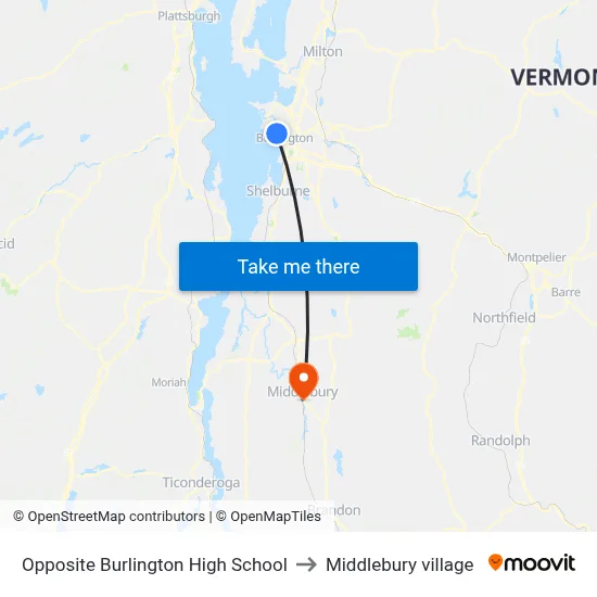 Opposite Burlington High School to Middlebury village map