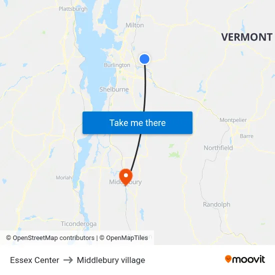 Essex Center to Middlebury village map