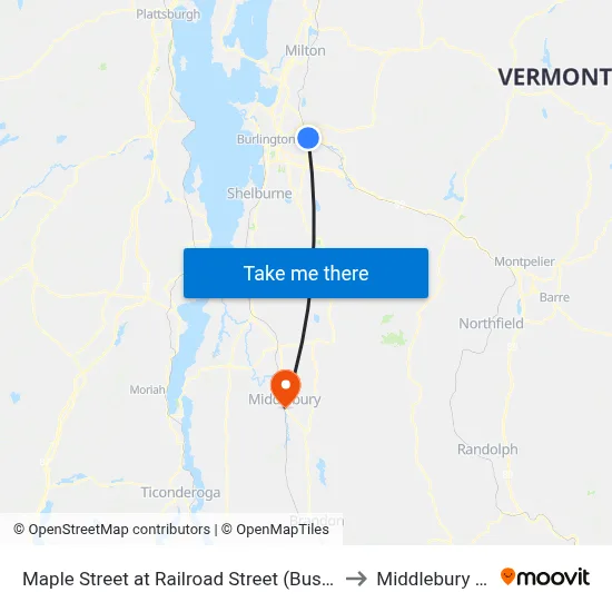 Maple Street at Railroad Street (Bushey's Sunoco) to Middlebury village map