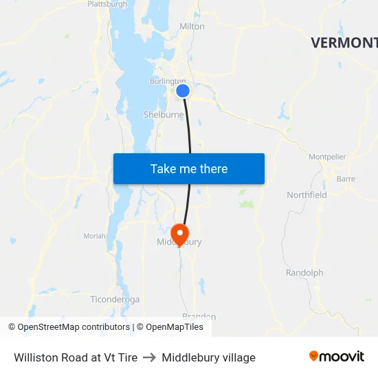 Williston Road at Vt Tire to Middlebury village map