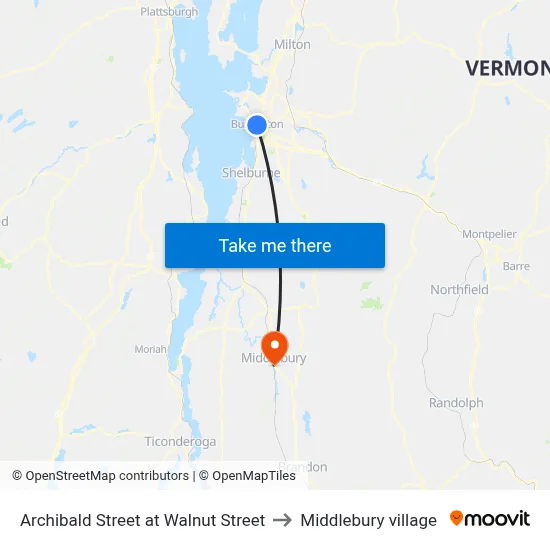Archibald Street at Walnut Street to Middlebury village map