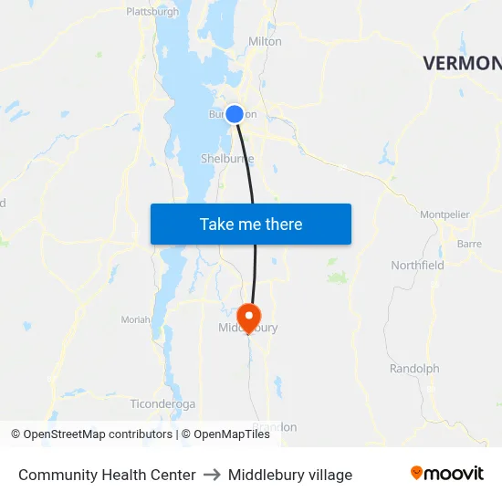 Community Health Center to Middlebury village map