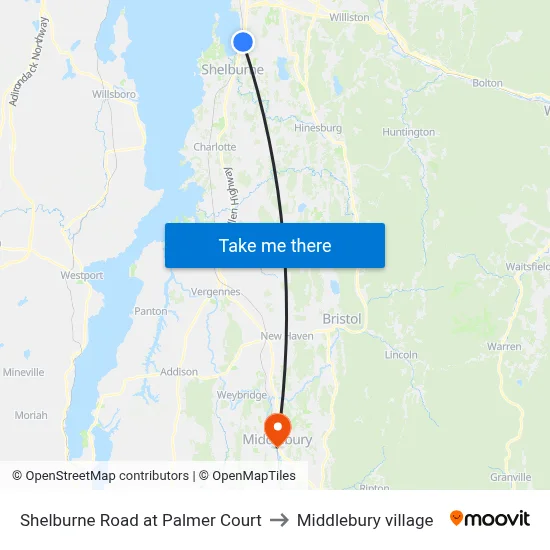 Shelburne Road at Palmer Court to Middlebury village map