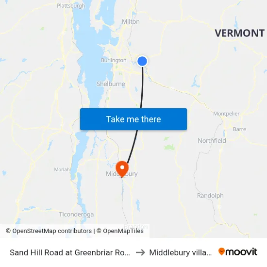 Sand Hill Road at Greenbriar Road to Middlebury village map