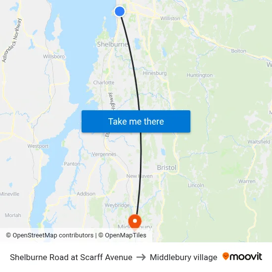 Shelburne Road at Scarff Avenue to Middlebury village map