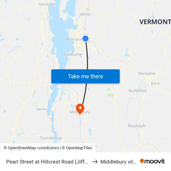 Pearl Street at Hillcrest Road (Jiffy Lube) to Middlebury village map