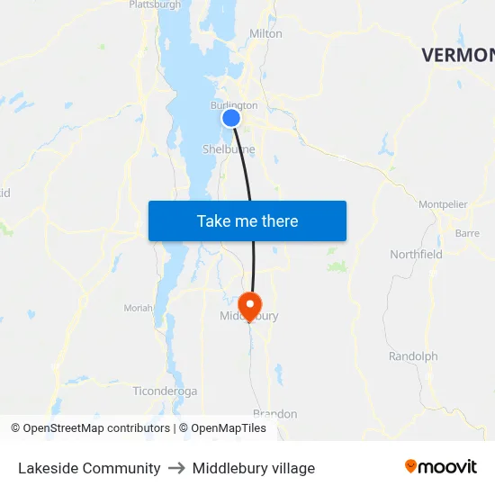 Lakeside Community to Middlebury village map
