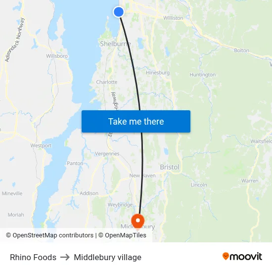 Rhino Foods to Middlebury village map